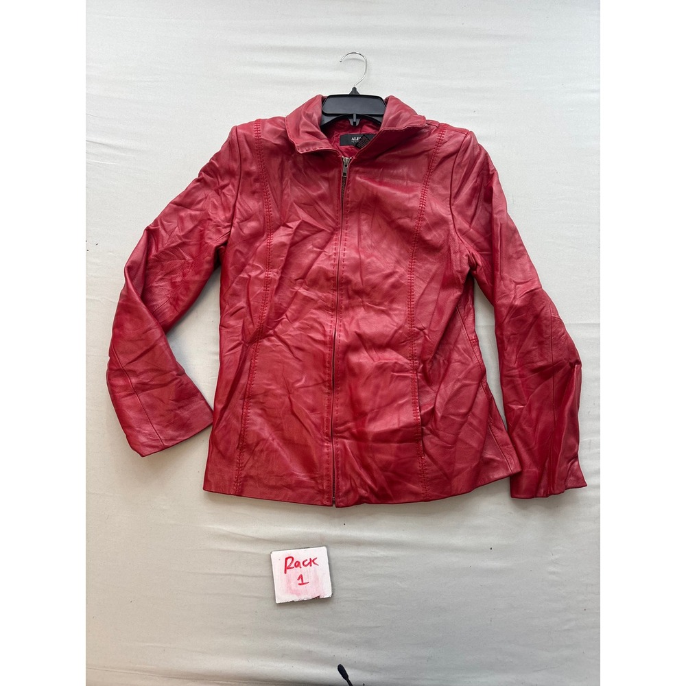 Alfani Red Genuine Leather Zip Front Jacket Womens Size Medium Stitch Detail